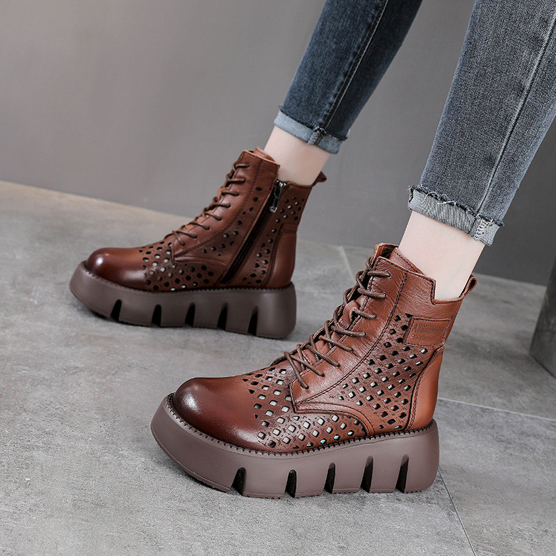 Giày boot nữ cổ cao da bò thật đế bánh xốp dày — Màu nâu
