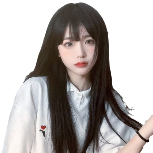 Starway Wig Women's Long Hair Black Brown Round Face Air Bangs Natural Autumn and Winter Simulated Hair Long Straight Hair Full Headgear Style