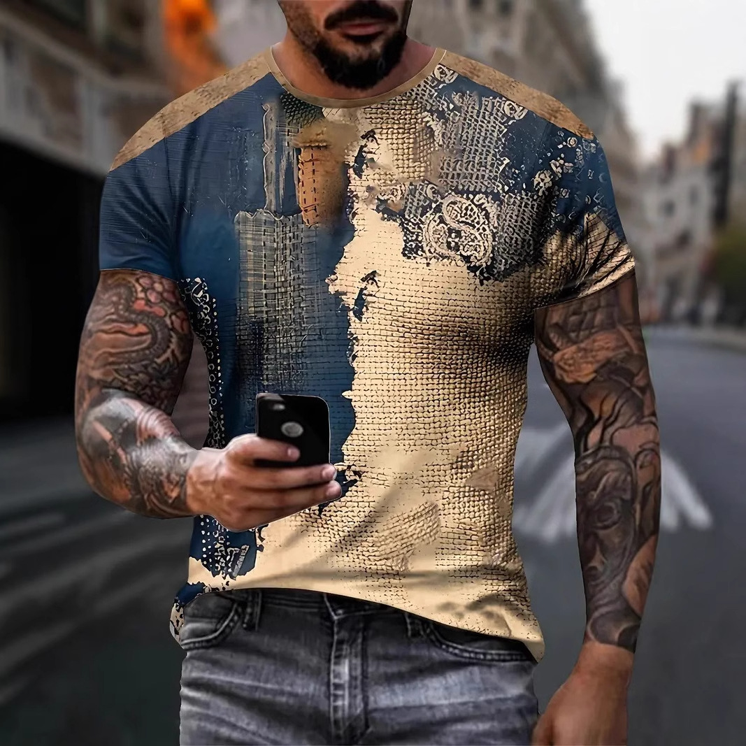 Clásico tejido retro estampado 3D hombre ancho de hombro suelto y transpirable manga corta cuello redondo camiseta venta directa de fábrica