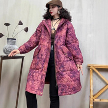 炒色新款文艺宽松连帽外套文艺夹棉菱格女式中长款棉衣冬季棉服厚