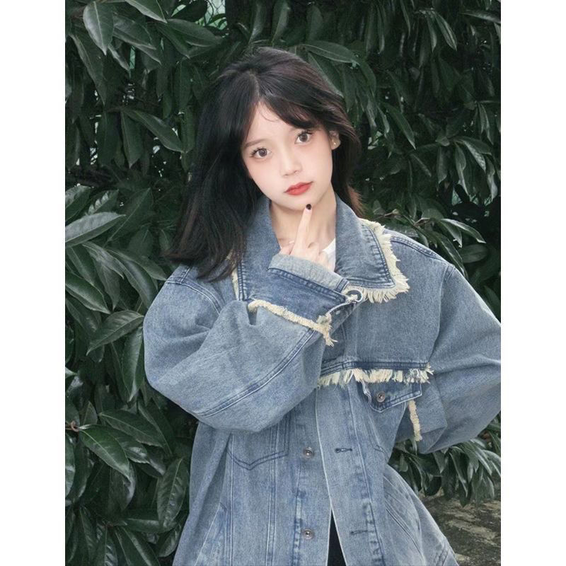 American-style retro frayed fringe Denim coat women's spring and autumn loose design sense niche workwear jacket fashionable top