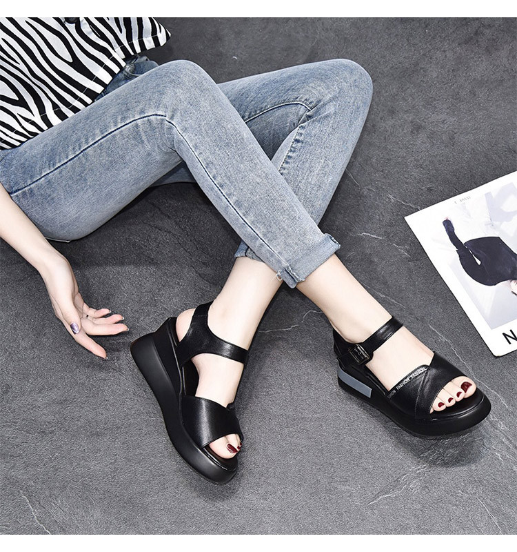 Giày sandal đế xuồng da thật quai đơn thời trang — Màu đen (Da bò lớp đầu tiên) chi tiết 2