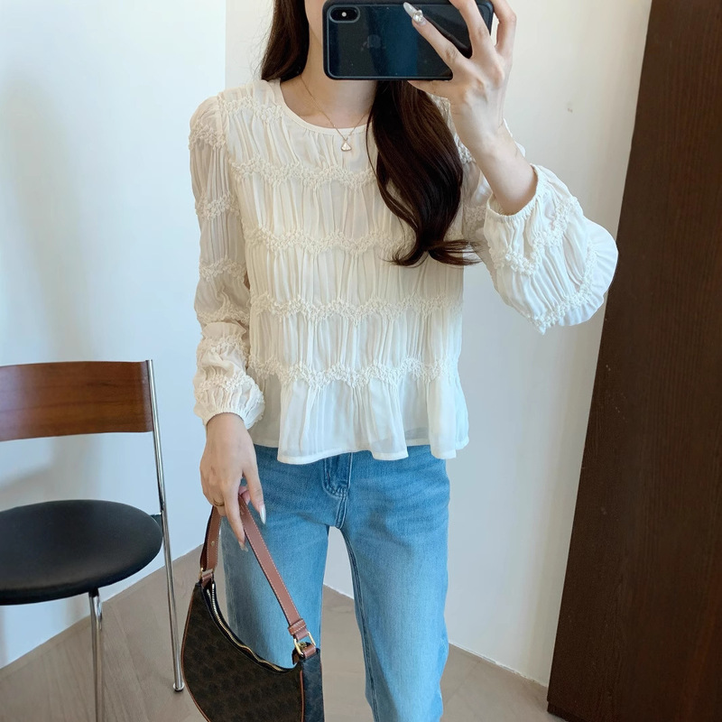 GJ410 Romantic Fairy Heavy Industry Multi-layer Pleated Texture Sense Ruffle Hem Micro Loose Lace Shirt