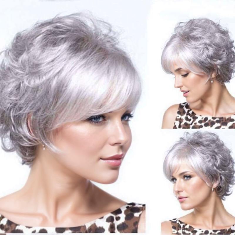 Comercio exterior de Europa y América popular pequeña peluca rizado gris de las mujeres blancas Pelo Corto rizado peluca un pedazo de pelo