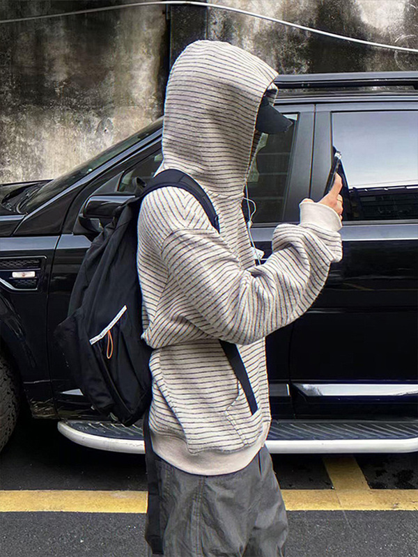 黑白条纹连帽开衫卫衣男款秋季潮牌设计感小香风美式街头拉链外套|undefined