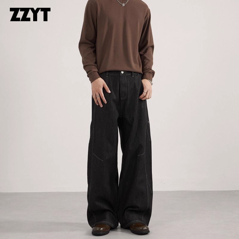 Zzyt American Retro Loose Straight-Leg Unisex Washed Casual Drapey Deconstructed Denim Original Black Jeans