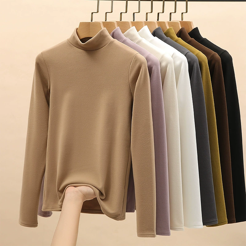 Осенний и зимний полувысокий воротник микрон-бархатная нижняя рубашка женская внутренняя рубашка плюс бархат утолщенный черный белый средний воротник теплый новый