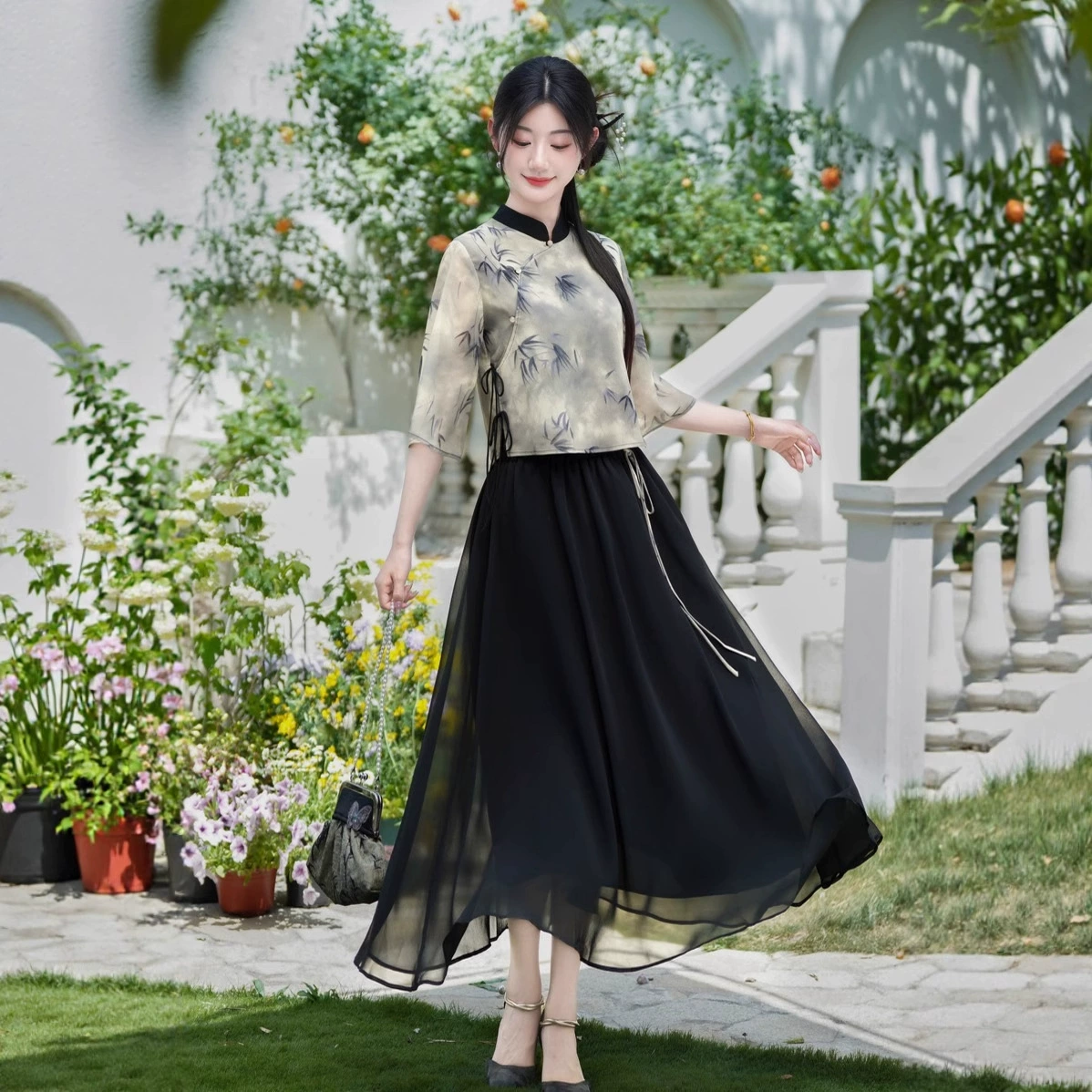 Новый китайский стиль ретро чернила бамбук с принтом в стиле Тан