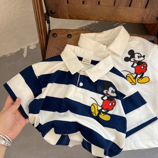 New arrival cotton summer men and women large and small children baby cartoon striped lapel short sleeve T-shirt polo shirt top trendy t