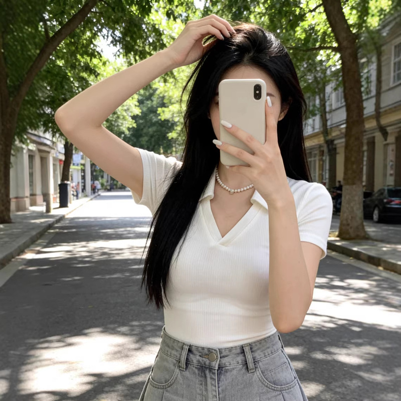 Pure Polo Shirt Women's Summer New Slim-fit Short T-shirt Design Sense V-neck Slim-fit Stretch Short-sleeved Top Ins