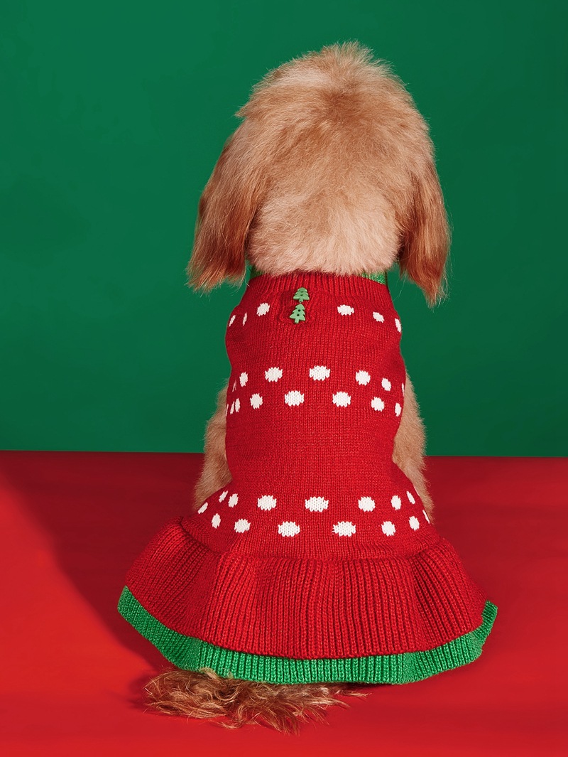 Weihnachtsurlaub Haustier Winterkleidung Gestrickter roter Weihnachtsbaum Weiß gepunkteter Doppelrock Pom Pom Pullover Kleid_voghion.com