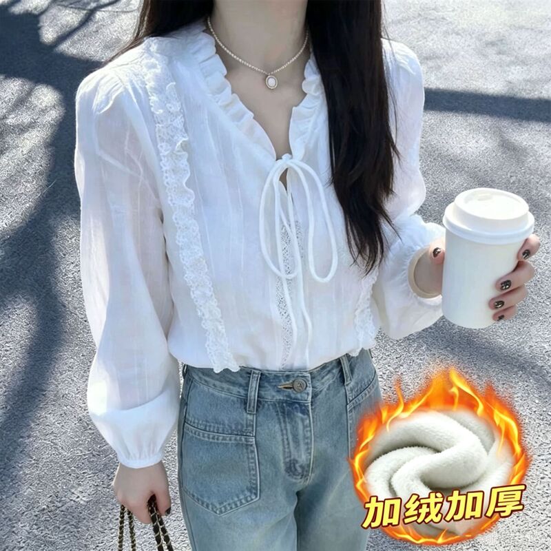 In stock and ready to ship} French-style lace-up embroidered white shirt for women, unique and elegant top with a distinctive charm