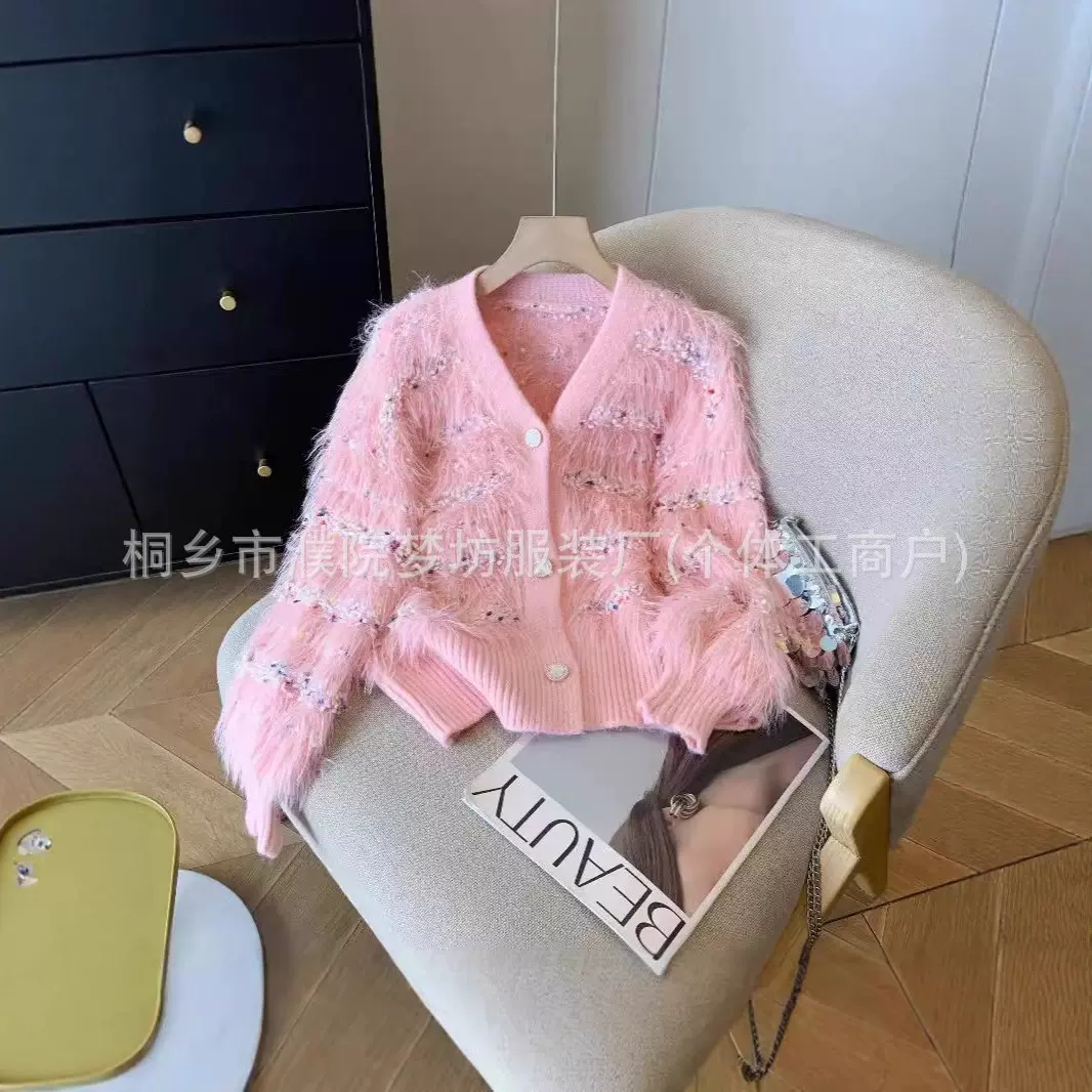 亚马逊跨境仿貂绒针织衫毛衣外套女冬季爆款宽松时尚慵懒风V领