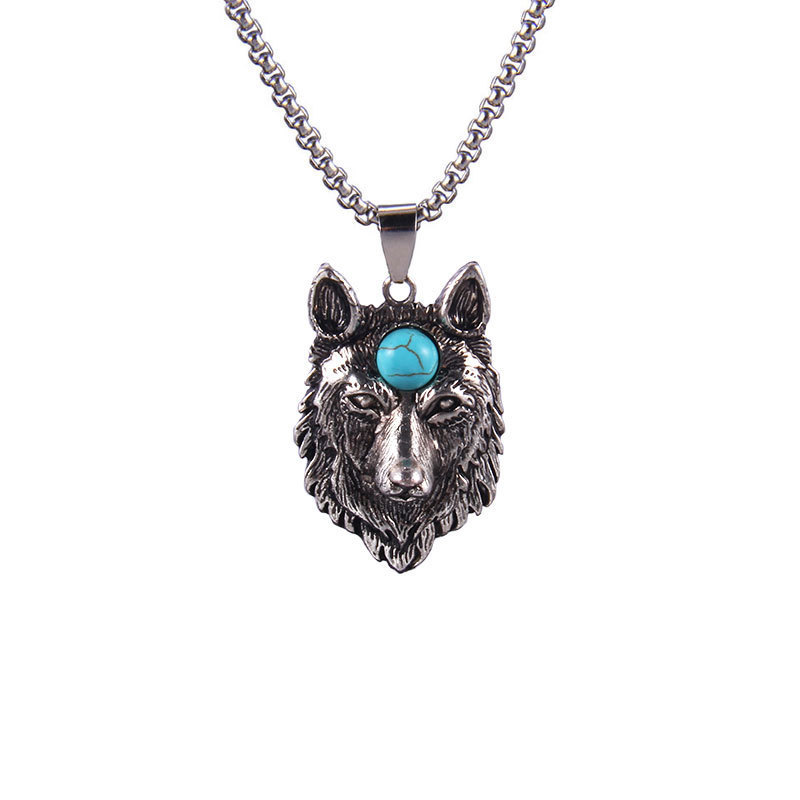 Wolf Head Turquoise Pendant Necklace For Hanfu Style Jewelry_voghion.com