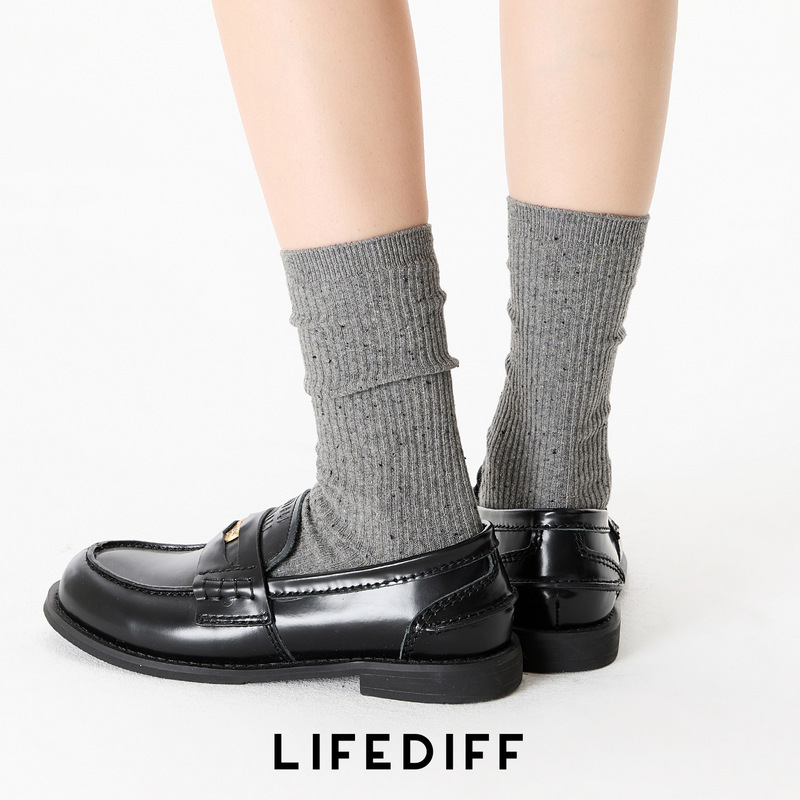 Autumn and Winter Slouch Socks for Women, Seamless Ribbed Mid-Calf Cotton Socks, Paired with Small Leather Shoes, Long Socks in Dark Gray for Spring and Autumn 25257