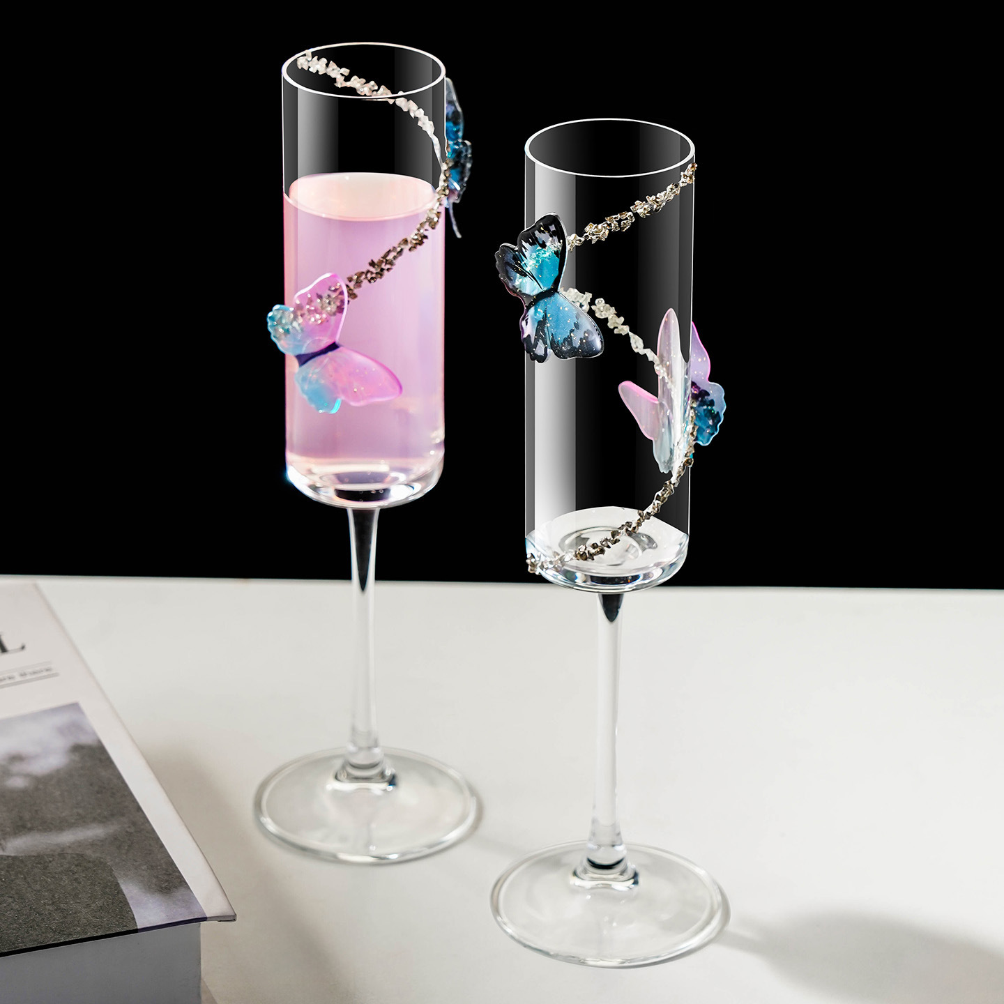 Taza de champagne de alto valor de cara espesa en vidrio de ventana mariposa taza de vino de cristal casero regalo