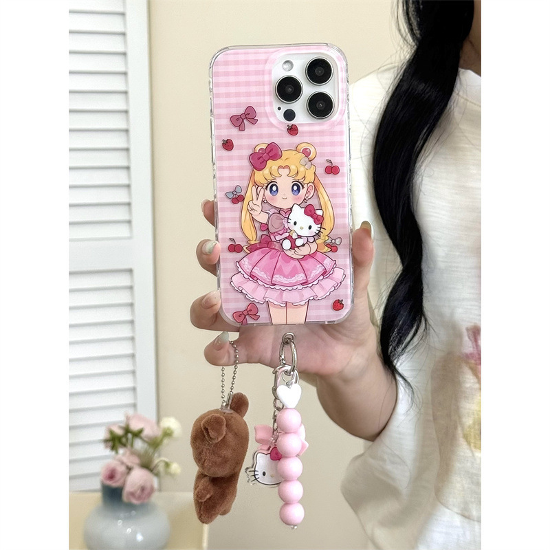 粉格纹鎏金美少女KT适用iPhone17苹果16ProMax手机壳15少女14新款|undefined