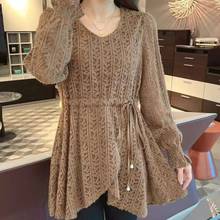 蕾丝衫女2025秋装新款收腰遮肚显瘦V领时尚中长内搭气质打底上衣