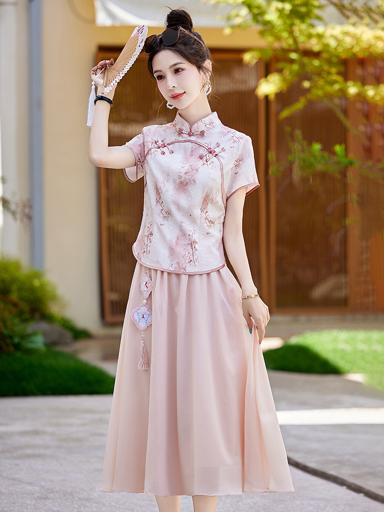 Bộ áo kiểu Trung Quốc mới và váy dài vừa phải hai mảnh mùa hè AH2438 — Màu hồng, Màu xanh lá