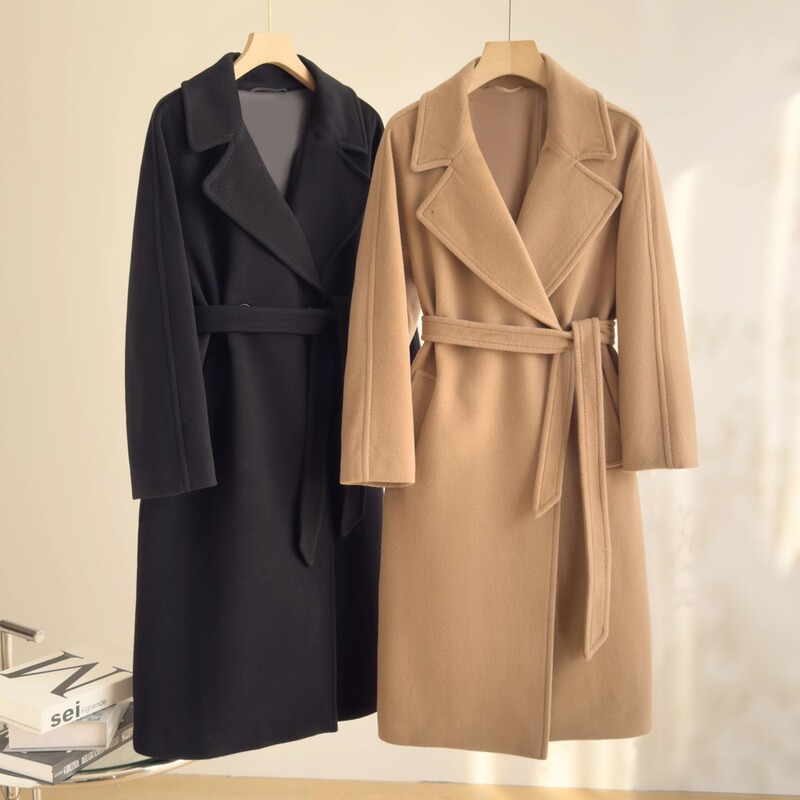 Classic Max Camel-Colored All-Wool Coat for Women, Winter Style, Classic Suit Collar, Tie-Waist Woolen Coat for Petite Sizes