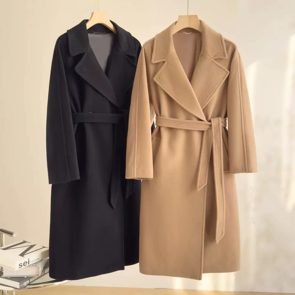 经典MAX驼色全羊毛大衣女秋冬款经典款西装领系带呢子外套小个子