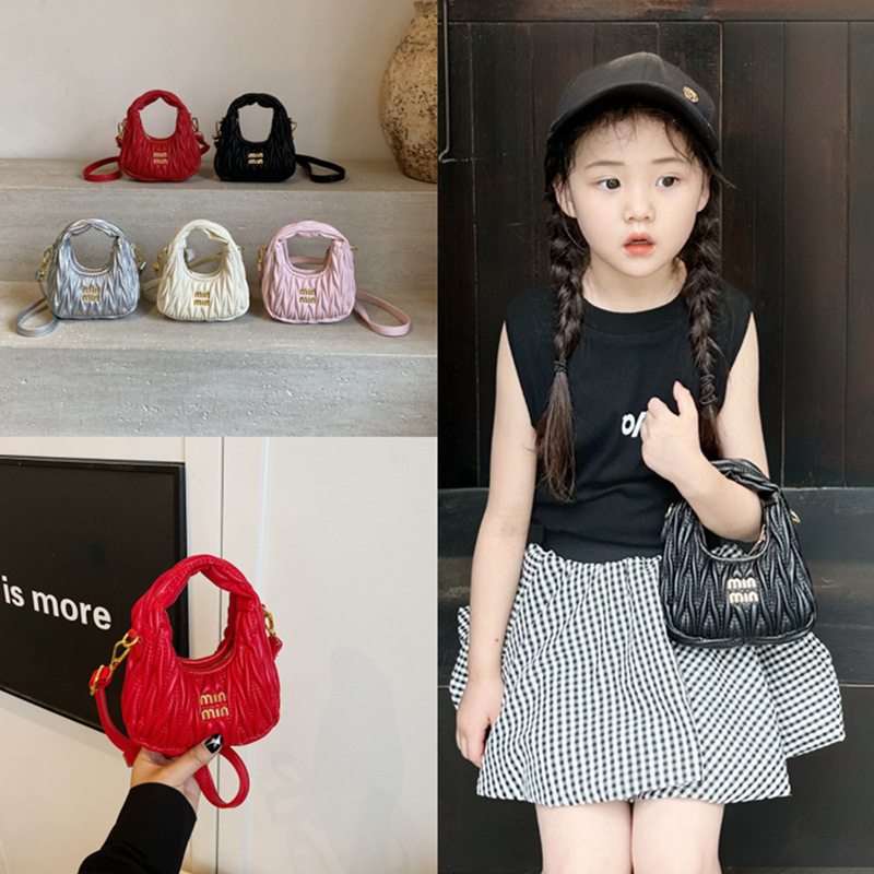 2025 Summer New Fashion Pleated Bag Shoulder Bag Children's Trendy Casual Simple Trendy Handbag Crossbody Bag