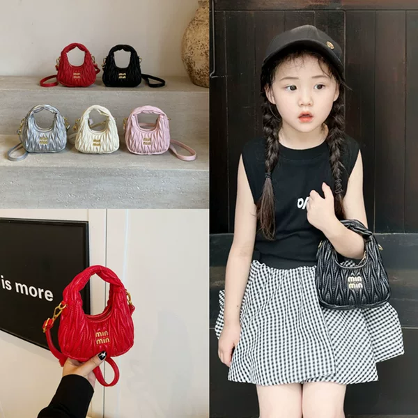 2025 Summer New Fashion Pleated Bag Shoulder Bag Children's Trendy Casual Simple Trendy Handbag Crossbody Bag