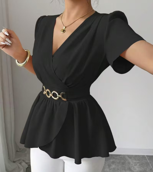 Chemisier luxueux en satin acétate pour femme, col en V, grande taille, ceinture à la taille, effet ventre plat, style estival haut de gamme, blouse décontractée_voghion.com