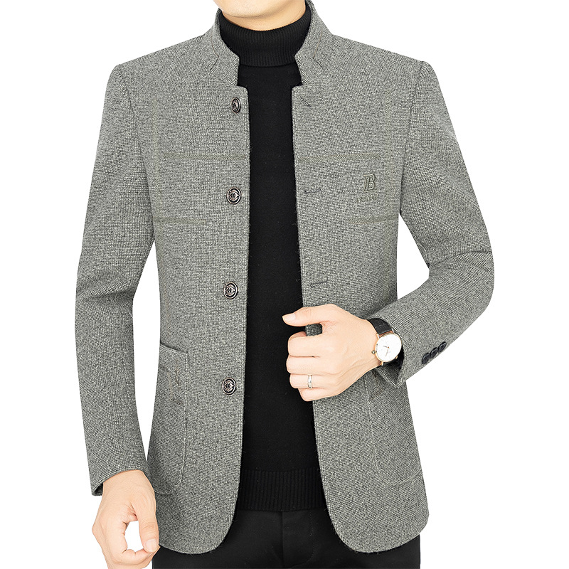 Chaqueta de lana gruesa para hombres de mediana edad, otoño e invierno 2025, cuello alto, estilo casual de negocios, abrigo de lana para papá