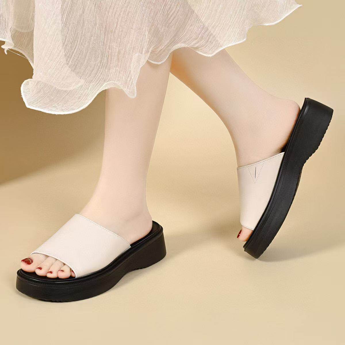 Dép sandal nữ da thật đế dày tăng chiều cao, hở ngón chân, chống trượt, phối đồ đa năng — màu đen chi tiết 7