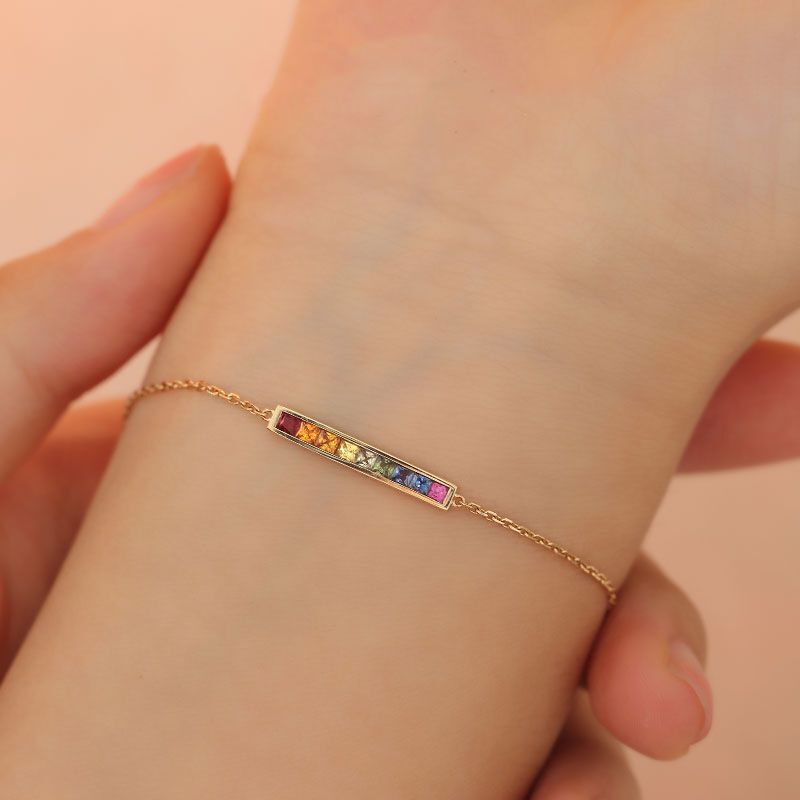 Balance Beam Rainbow Bracelet with S925 Silver Plating Inlaid Imitation Color Sapphire Women's Light Luxury Fashion Simple All-Match