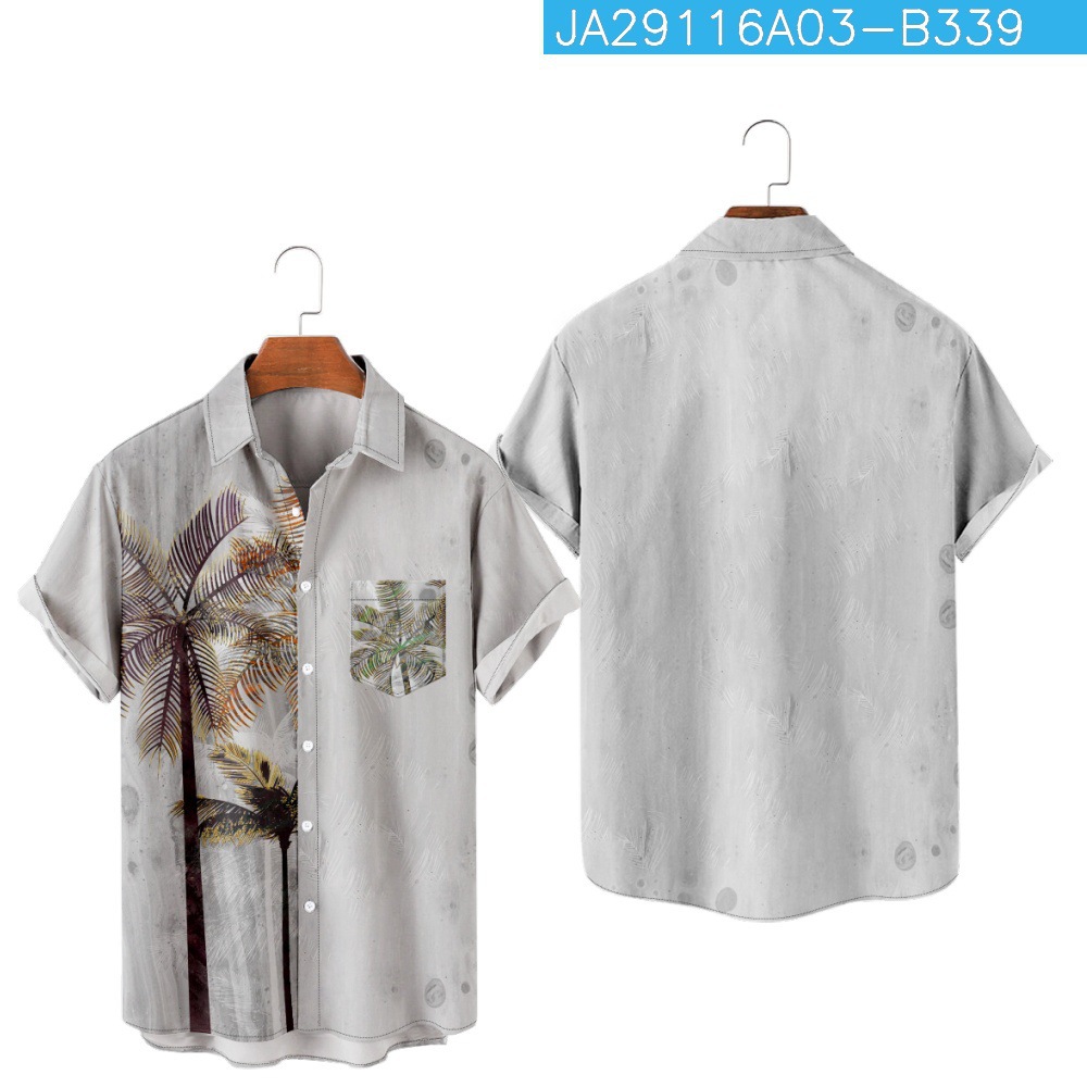 2023 Amazon nuevo transfronterizo Hawaiano planta color bloque patrón de impresión más tamaño de bolsillo de los hombres camisa de manga corta