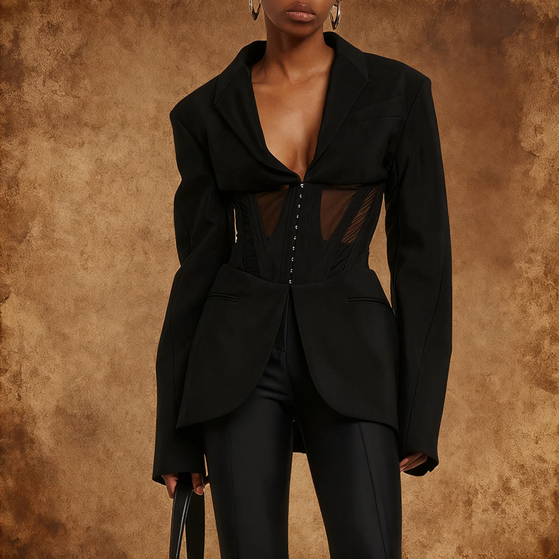 European and American Fashion Trendy Tops 2026 Summer New Style See-Through Sexy Mesh Patchwork Lapel Blazer for Women