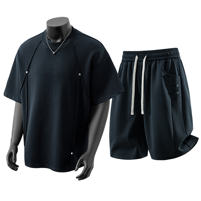 Men's Short Sleeved Suit Cleanfit Crew Neck T-Shirt High Street Patchwork 3D Studs Premium Feel_viptrois.com