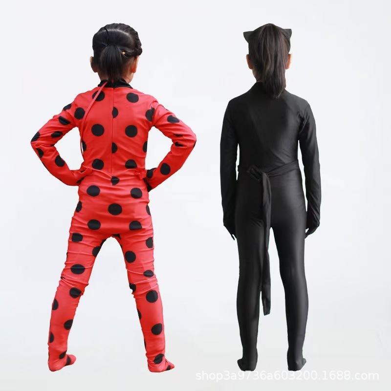 瓢虫少女衣服雷迪cos服装成人儿童黑猫瓢虫角色扮演假发腰包眼罩|undefined