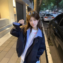撞色拼接假两件外套男女春秋冬新款美式复古宽松情侣翻领开衫夹克