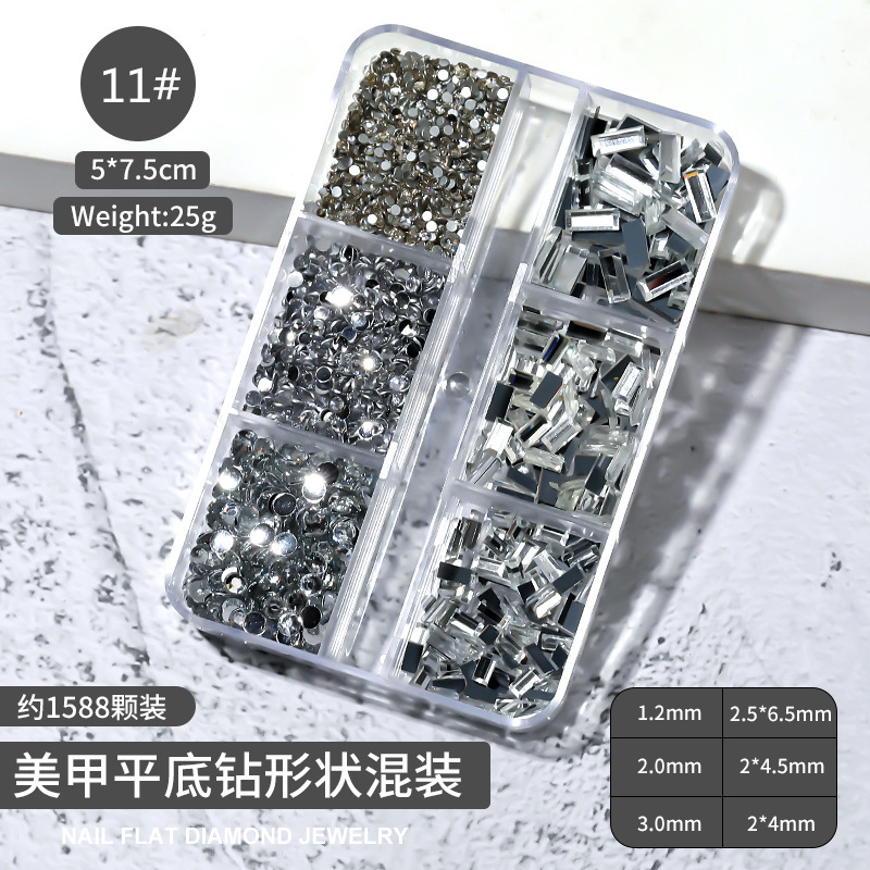 Cross-border Especial 6-grid Caja Mixta joyería de uñas transparente cuadrado plano espejo de diamante en forma especial Aurora uñas Rhinestone