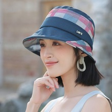 遮阳帽韩国夏季新款气质百搭防晒帽女优雅时尚彩色格子大沿渔夫帽