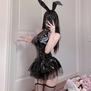 New sexy lingerie glossy PU halter strap bat little devil perspective short skirt suit halter strap sm
