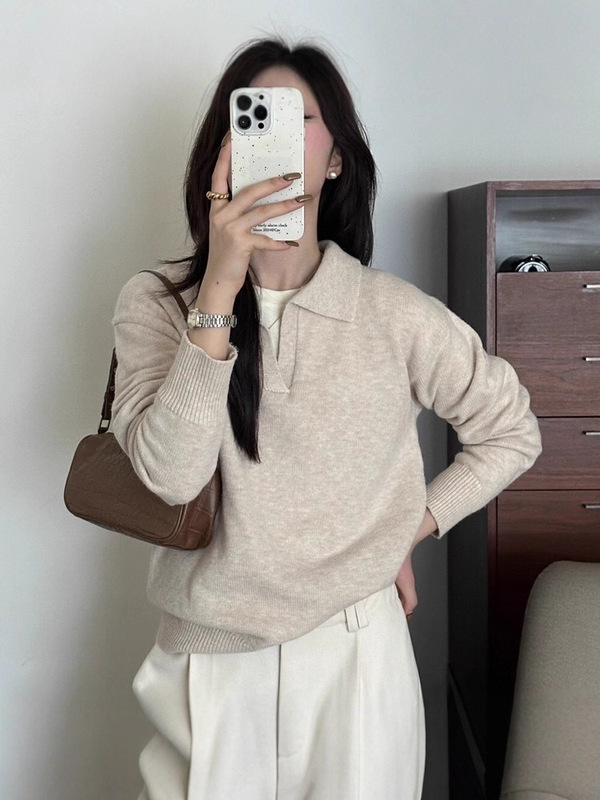 法式慵懒风POLO领时尚针织衫女秋冬新款高级感气质减龄打底衫毛衣|undefined