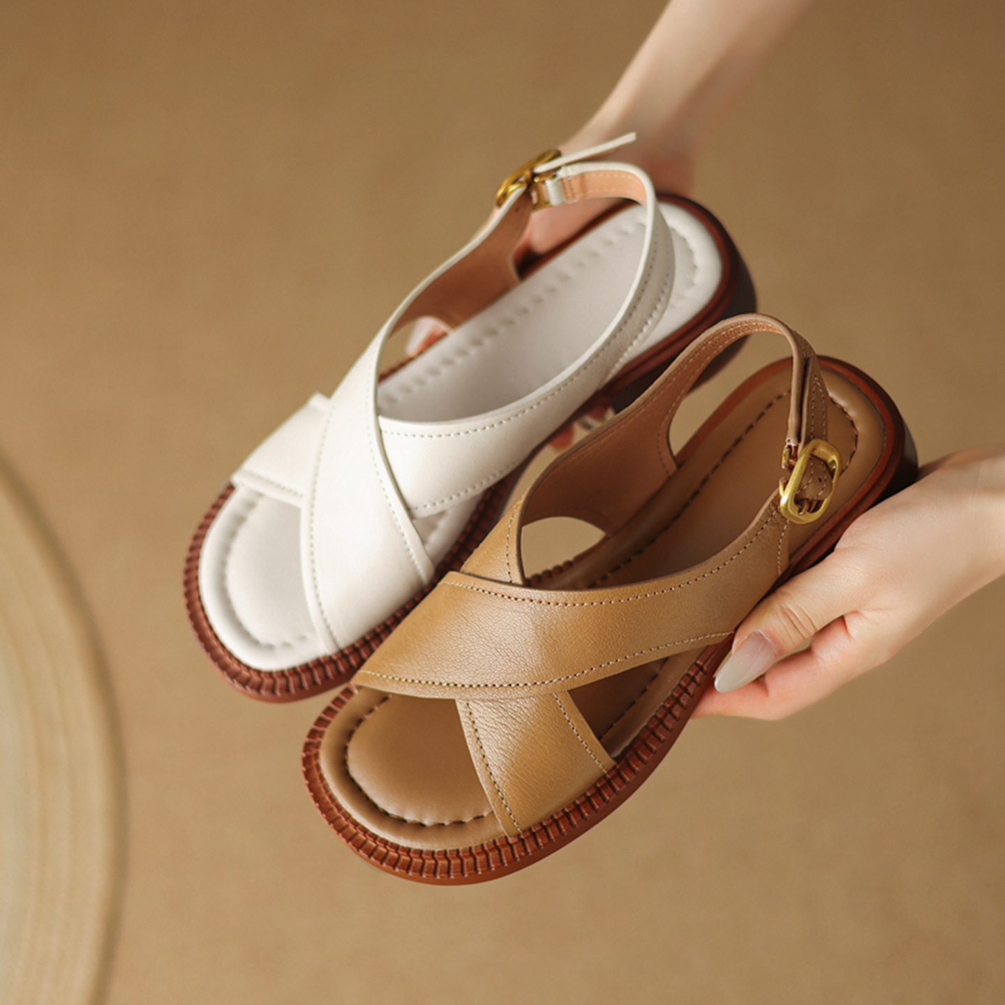 Sandal hở mũi nữ gót thấp 3.5 cm quai chéo da cừu phong cách La Mã — màu trắng ngà