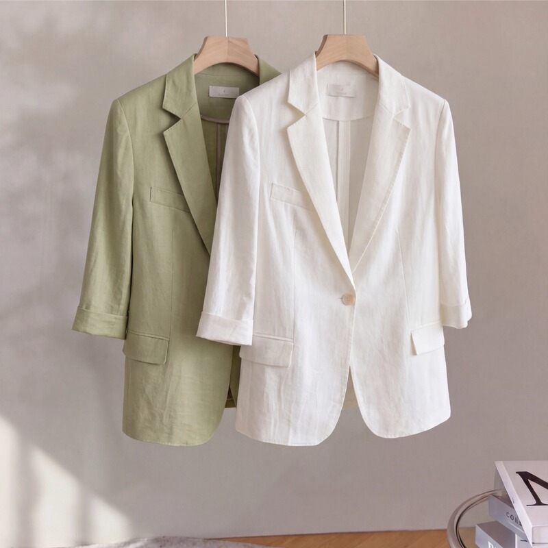 Korean Style Linen Three-Quarter Sleeve Blazer for Women, 2026 Summer New Model, Single Button Fashionable Casual Suit Jacket