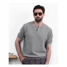 2025年菠萝纹针法肌理感休闲简约男士时尚亨利领T恤纯色打底衫