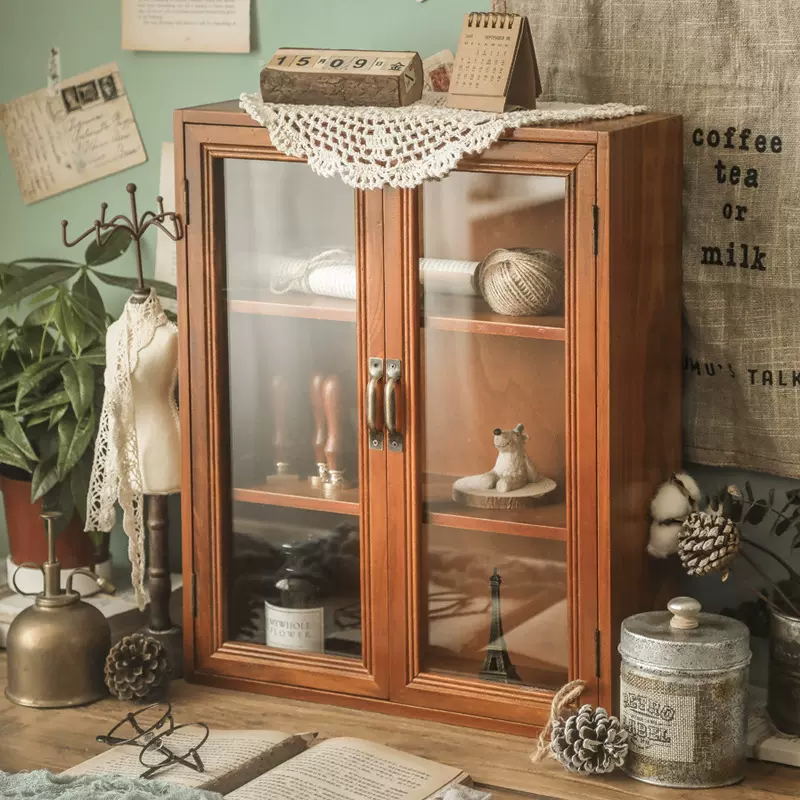 桌面收纳盒木质玻璃储物柜置物架家用木制多层化妆品整理盒复古风