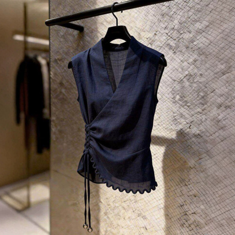 Light Luxury Style Navy Blue Sleeveless Tie-Up Shirt for Women, 2026 Summer New Style, Waist-Cinching, Slimming, Irregular Top