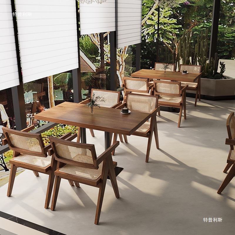 Retro Thai Japanese Table and Chair Combination Rattan Chair Solid Wood Theme Restaurant Southeast Asian Cafe Commercial Dining Table Booth