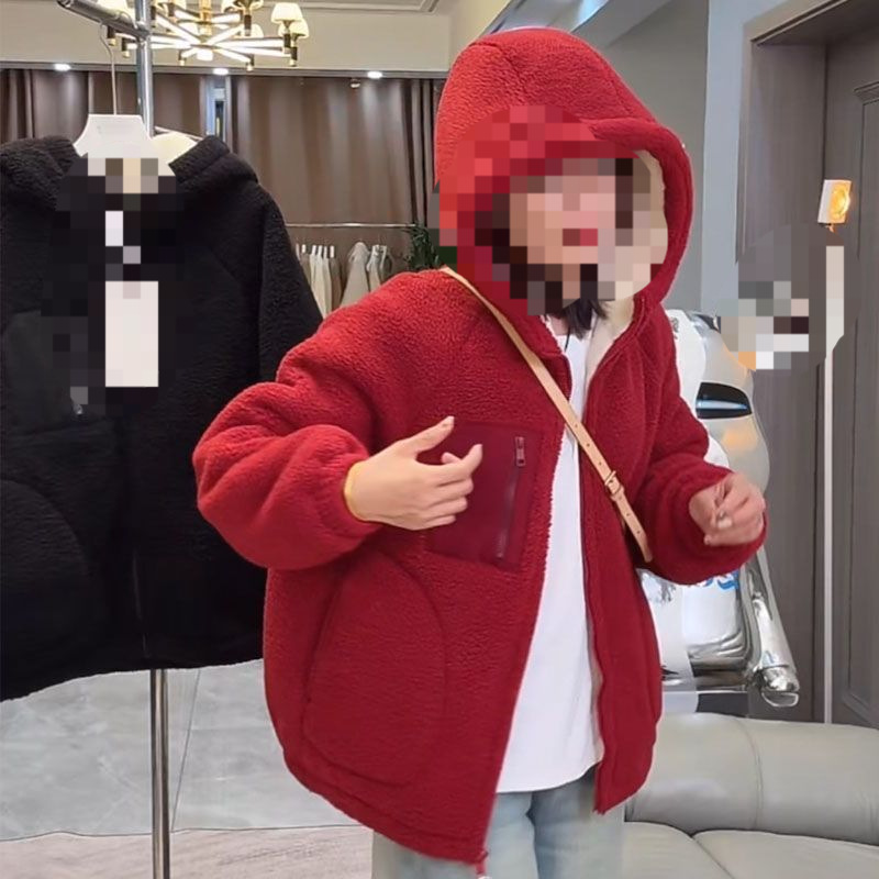 外套女安可拉红毛保暖连帽棉衣颗粒加绒宽松秋冬女呢大衣加厚大码