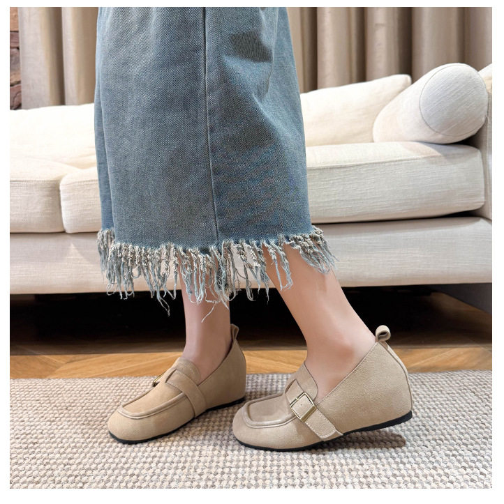 Giày lười nữ da lộn mũi tròn tăng chiều cao 5 cm phong cách Hàn Quốc — Khaki (toàn dải), Màu mơ (toàn dải), nâu sẫm chi tiết 22