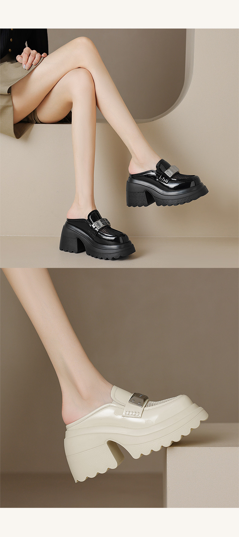 Giày mule cao gót 10 cm nữ mũi nhọn khoét lỗ lưới thoáng khí — Màu be, Màu đen chi tiết 8