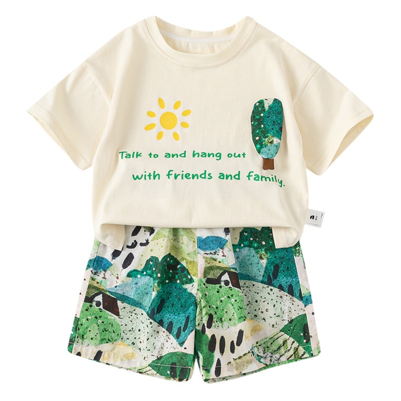 Ropa infantil Youbao, camiseta informal para niños, pantalones cortos de playa, estilo vacaciones de verano, traje infantil de dos piezas, moderno XT84045